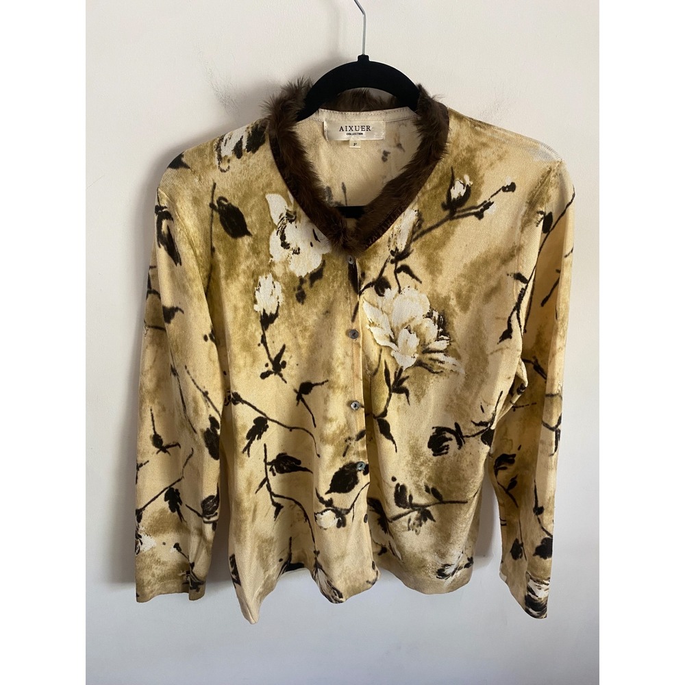 AIXUER Collection Floral Cardigan Faux Fur Trim Tan Brown‎ Wool Blend Size F